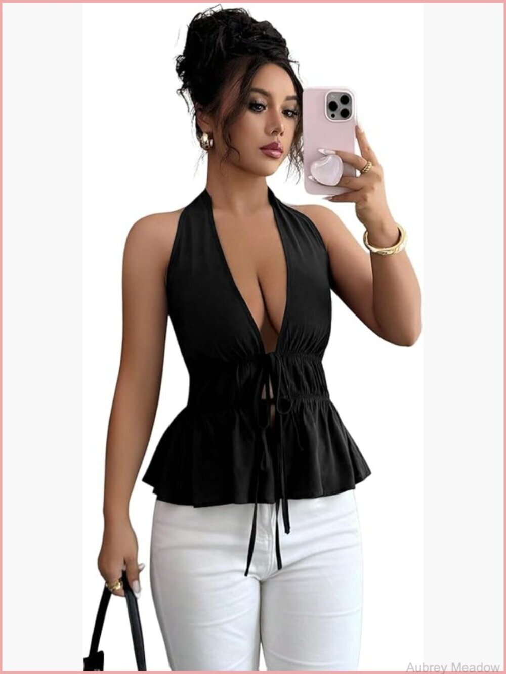Open Back Deep V Neck Halter Peplum Cami Top Sleeveless Tie Front Summer Top